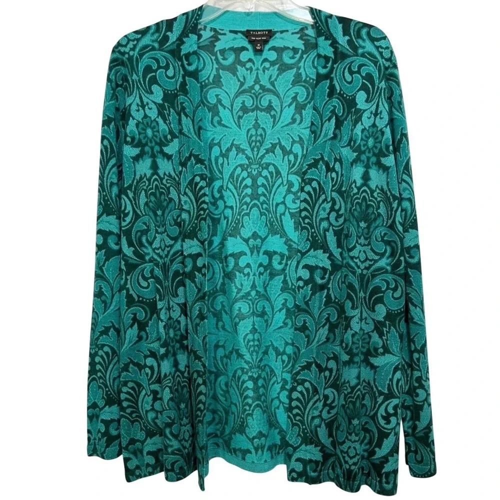 $129 TALBOTS Teal Damask/Floral 100% Merino Wool Open Front Cardigan Sweater MED